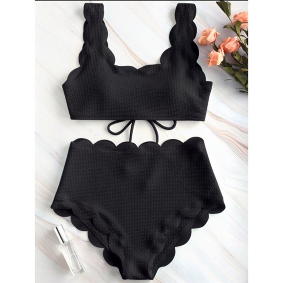 Zaful Other - ZAFUL Scalloped Textured High Waisted Bikini Set L